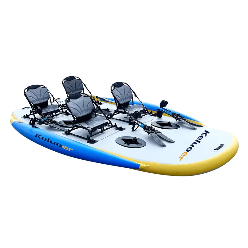 Four-person inflatable pedal driving board for fishing - blue and yellow
