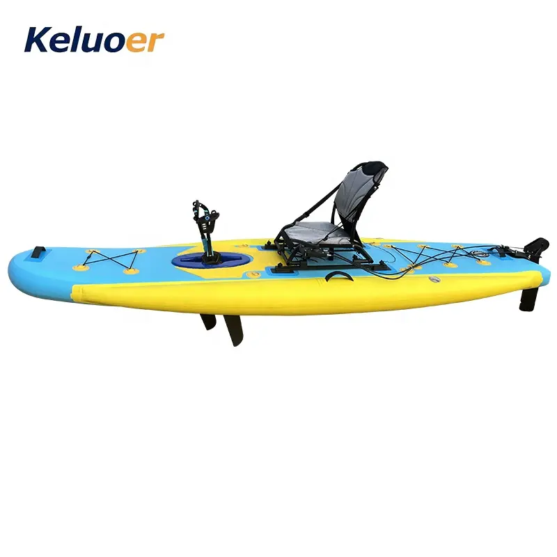 Inflatable pedal driving board for fishing - yellow and blue