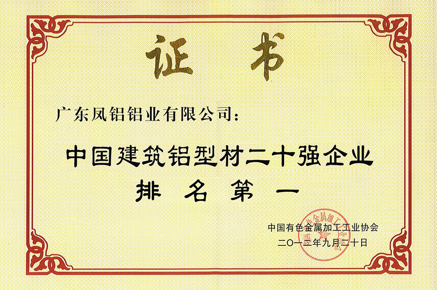 Certificate for Ranking First Among the Top 20 Aluminum Profiles Certificate for Ranking First Among the Top 20 Aluminum Profiles