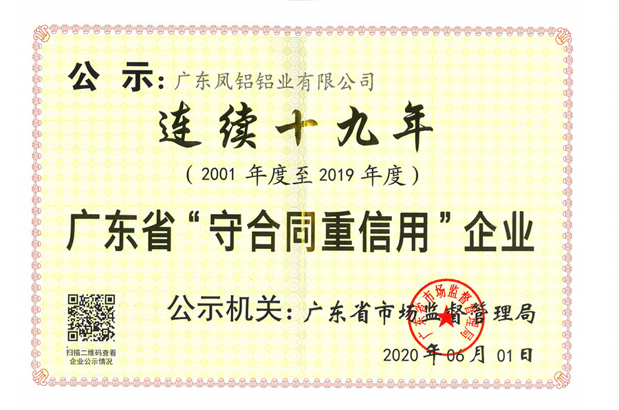 Certificate of Contract-Abiding and Trustworthy Enterprise for Nineteen Consecutive Years Certificate of Contract-Abiding and Trustworthy Enterprise for Nineteen Consecutive Years
