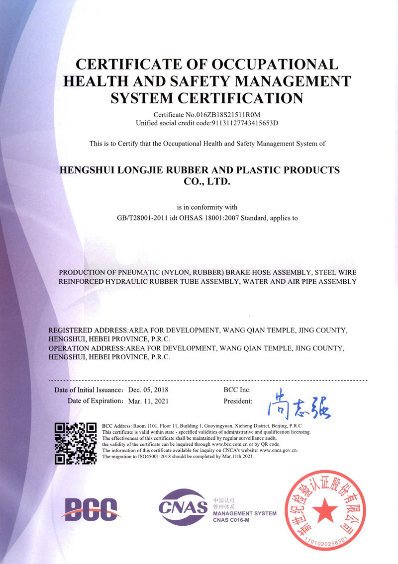Occupational Health and Safety Management System Certification Certificate (English)
