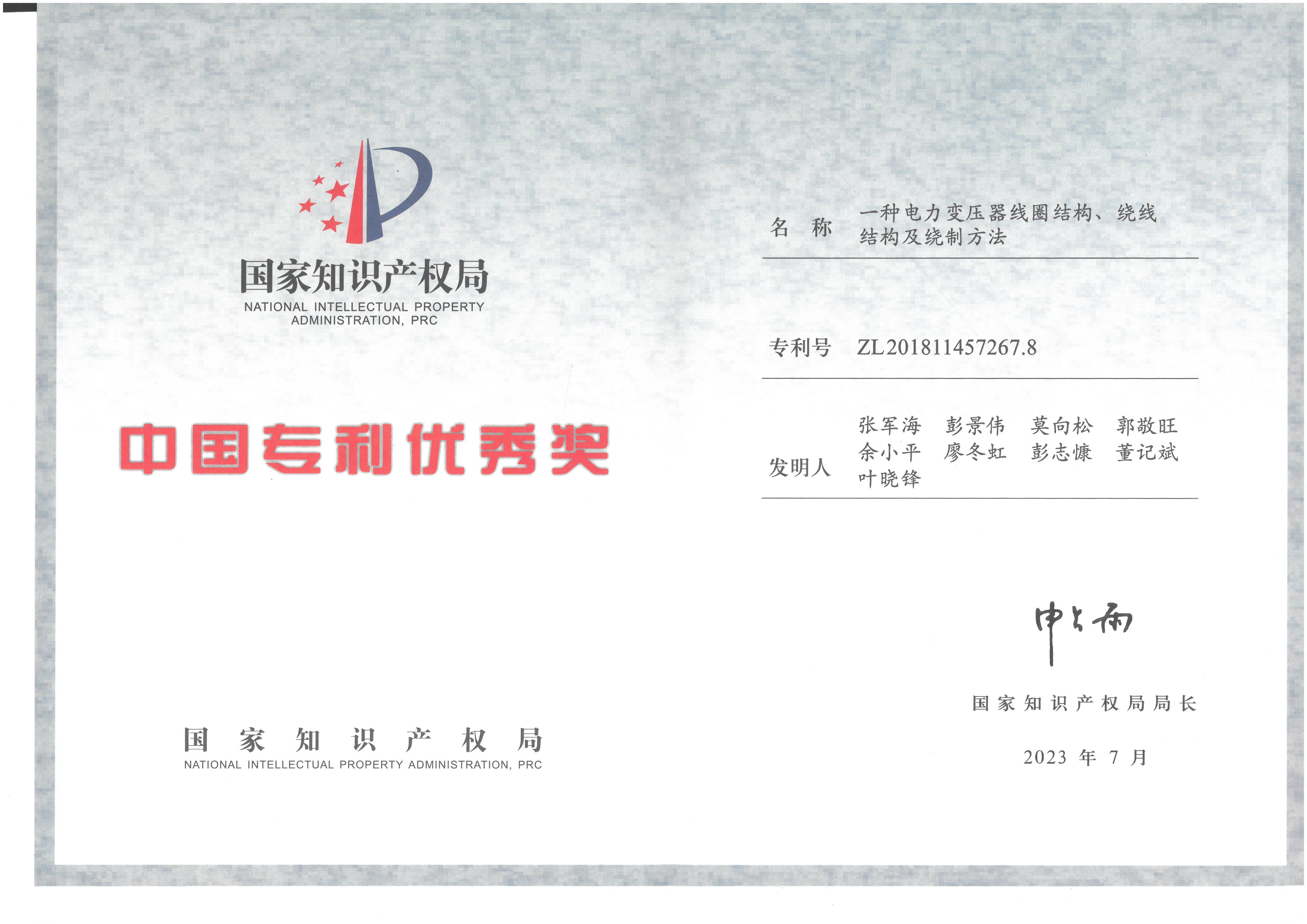 中国专利优秀奖