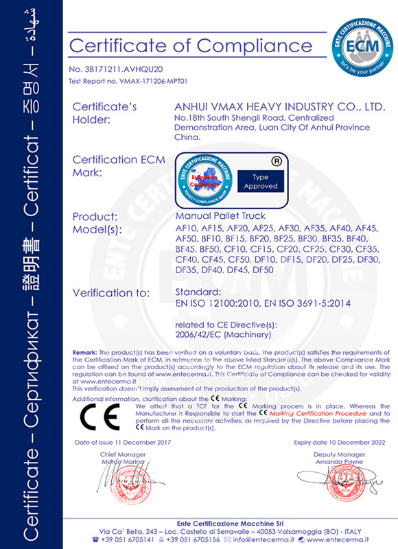 CE of Manual Pallet truck