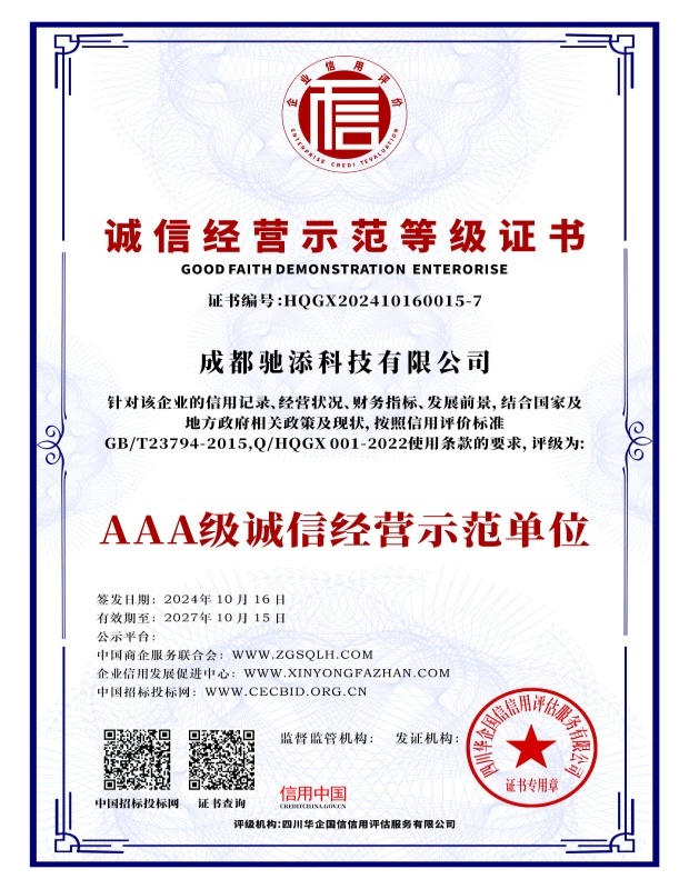 诚信经营示范等级证书