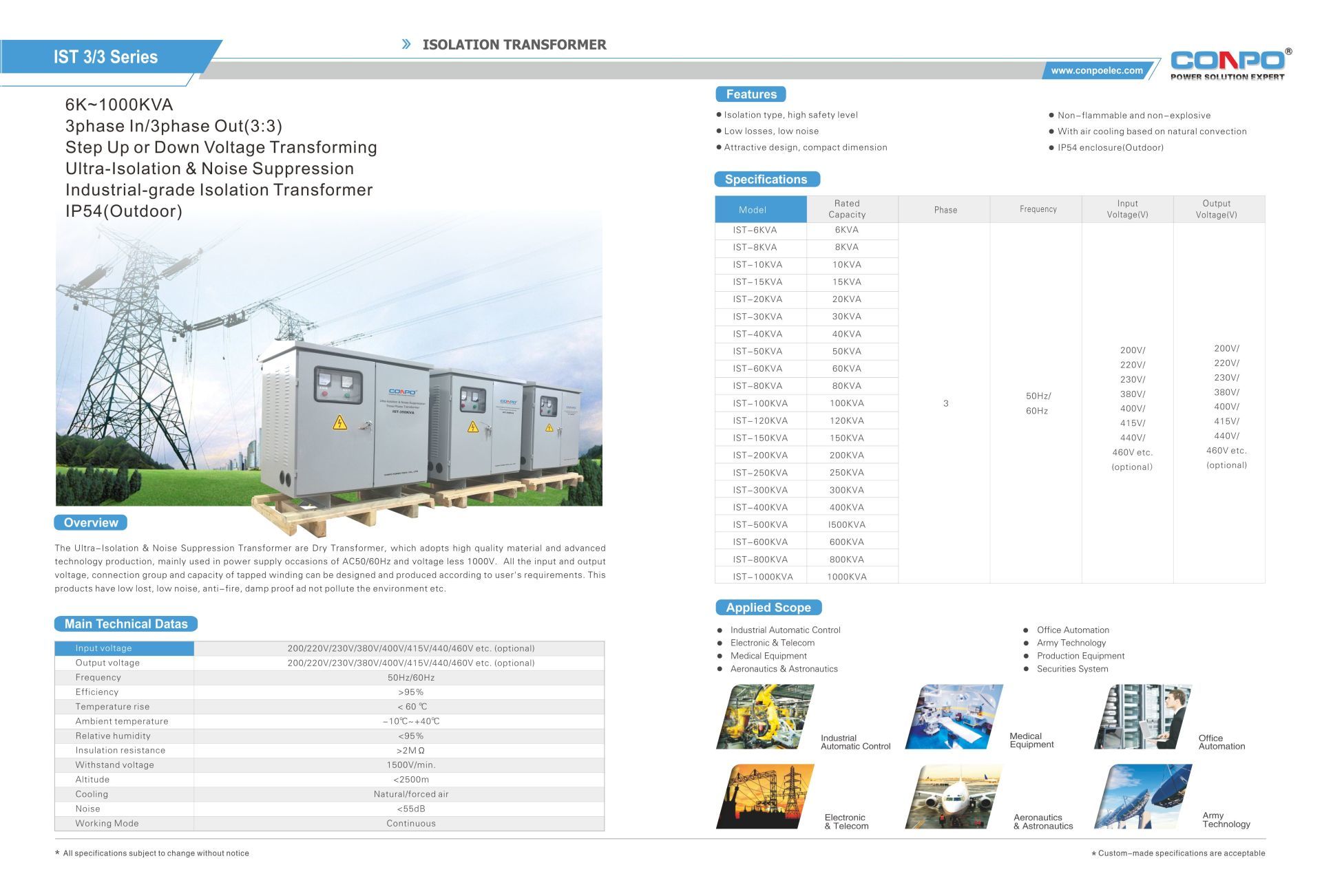 Outdoor IP54, Ultra-Isolation & Noise Suppression, Step up/down,  Isolation Transformer Three- Phase  6k~1000kVA