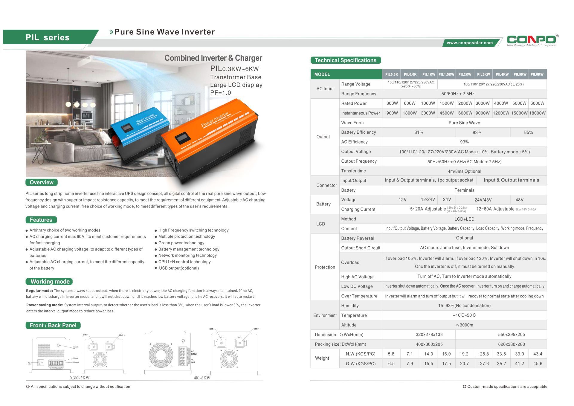 Combined Inverter & Charger 300W/600W/1000W/1500W/2000W/3000W/4000W/5000W/6000W
