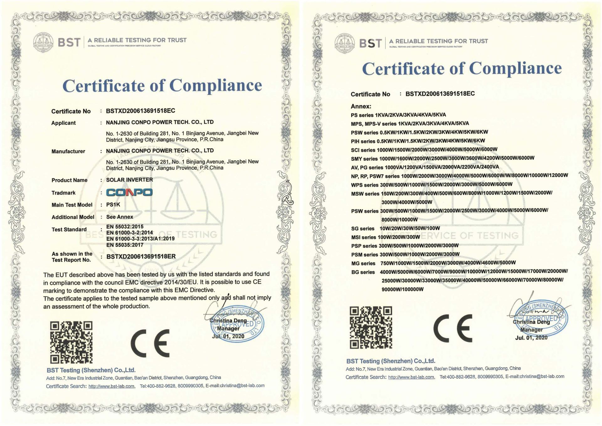 CE-EMC Certificate for Solar Inverter CE-EMC Certificate for Solar Inverter