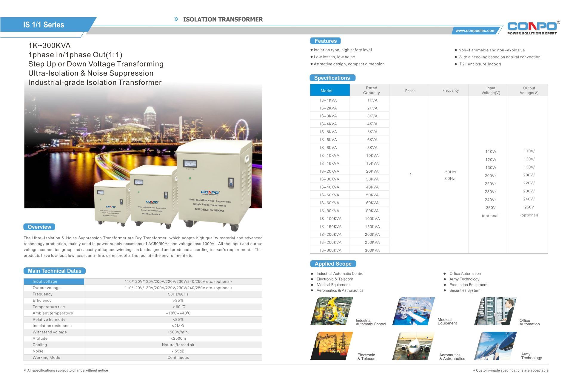 Classical Normal Ultra-Isolation & Noise Suppression, Step up/down,  Isolation Transformer Single Phase  1k~300kVA