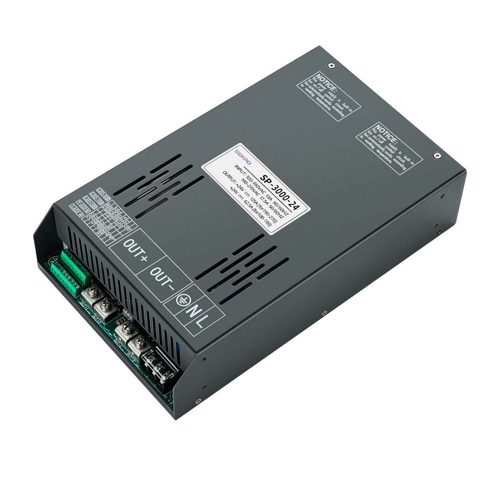 SP-3000-12 (3000W-12V/180A); SP-3000-24 (3000W-24V/125A); SP-3000-36 (3000W-36V/83.3A); SP-3000-48 (3000W-48V/62.5A)  Adjustable Power Supply with PFC