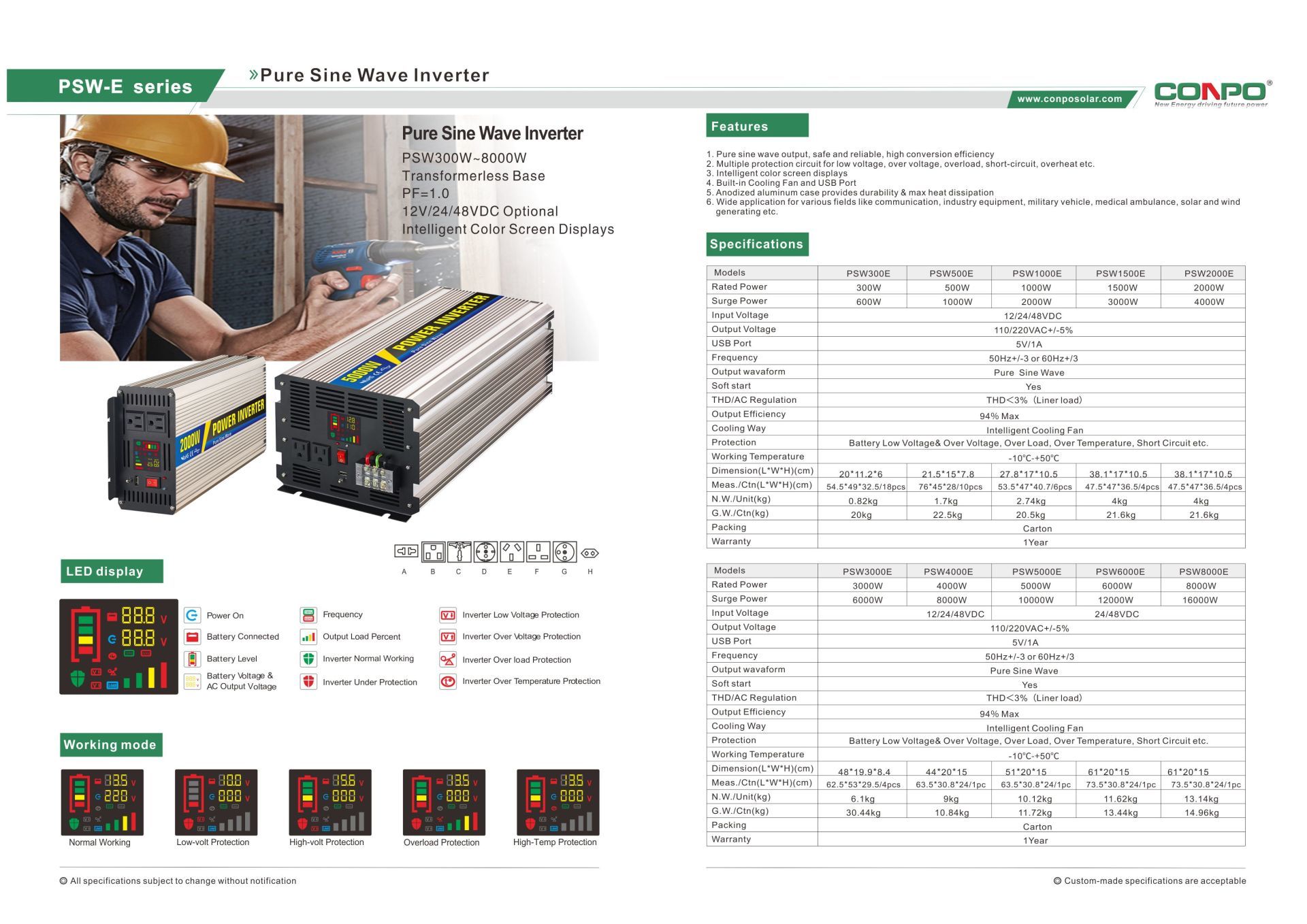  Color Screen Display, Pure Sine Wave Inverter 300W/500W/1000W/1500W/2000W/3000W/4000W/5000W/6000W/8000W