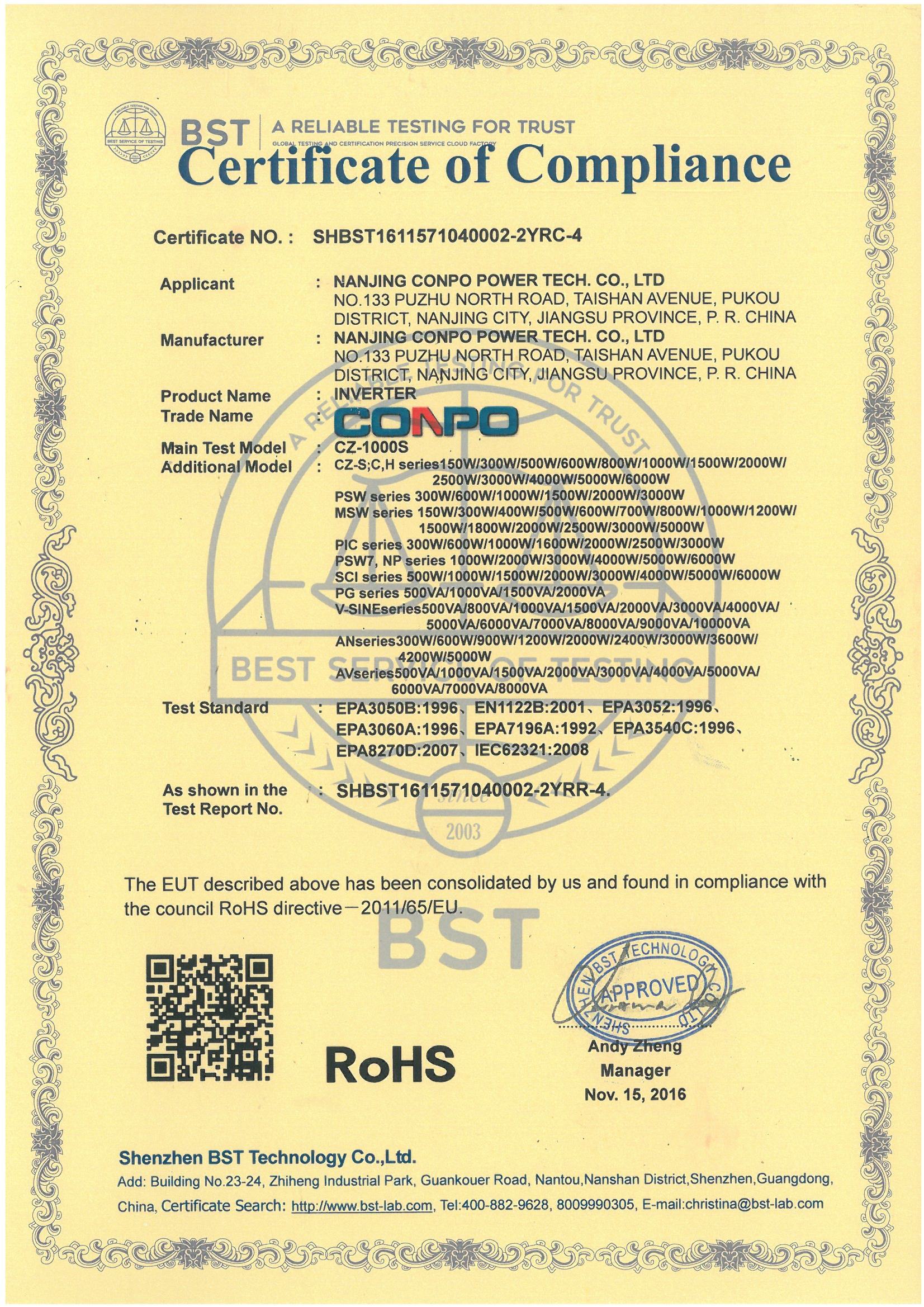 RoHS Certificate for Inverter/IPS/EPS RoHS Certificate for Inverter/IPS/EPS