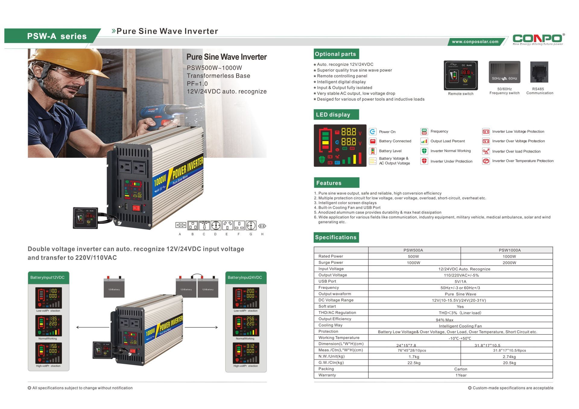 Double voltage Pure Sine Wave Inverter Can auto. recognize 12V/24VDC input voltage and transfer to 220V/110VAC 500W, 1000W