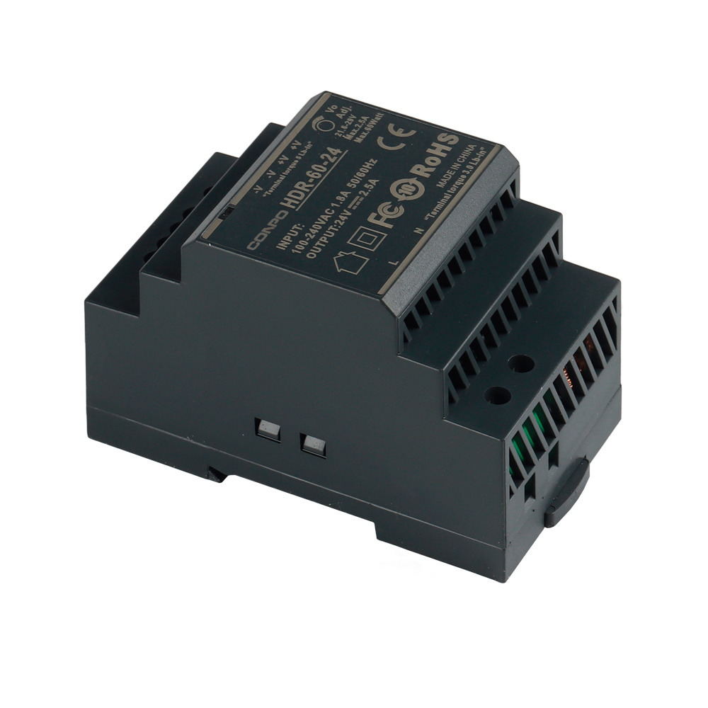 HDR-60-5 (60W-5V/6.5A);  HDR-60-12 (60W-12V/4.5A);  HDR-60-24 (60W-24V/2.5A); HDR-60-48 (30W-48V/1.25A)  DIN-rail Power Supply
