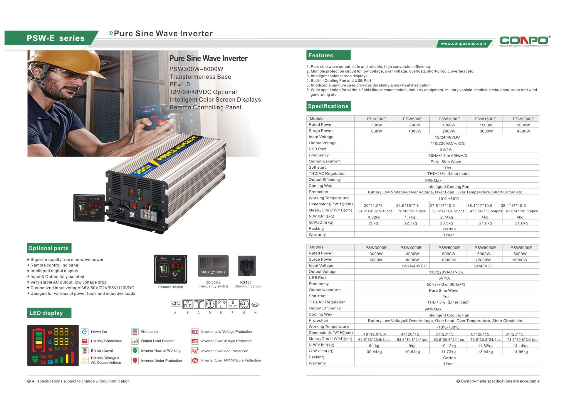 Remote Control, Color Screen Display, Pure Sine Wave Inverter 300W/500W/1000W/1500W/2000W/3000W/4000W/5000W/6000W/8000W