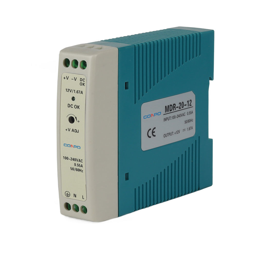 MDR-20-5 (20W-5V/3A);   MDR-20-12 (20W-12V/1.67A); MDR-20-15 (20W-15V/1.34A);  MDR-20-24 (20W-24V/1A)  DIN-rail Power Supply