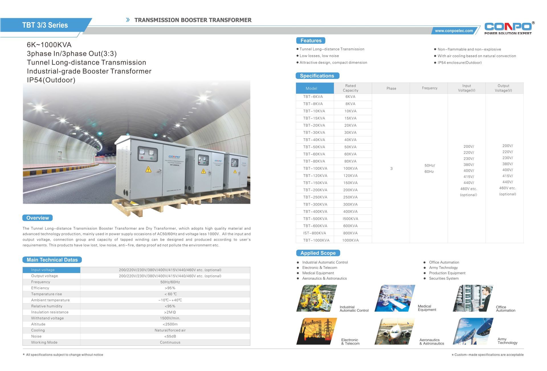 Long-distance Power Improvement Scheme for Tunnel Projects, Outdoor IP54, Tunnel Long-distance Transmission, Dry type Booster Transformer Three- Phase  6k~1000kVA
