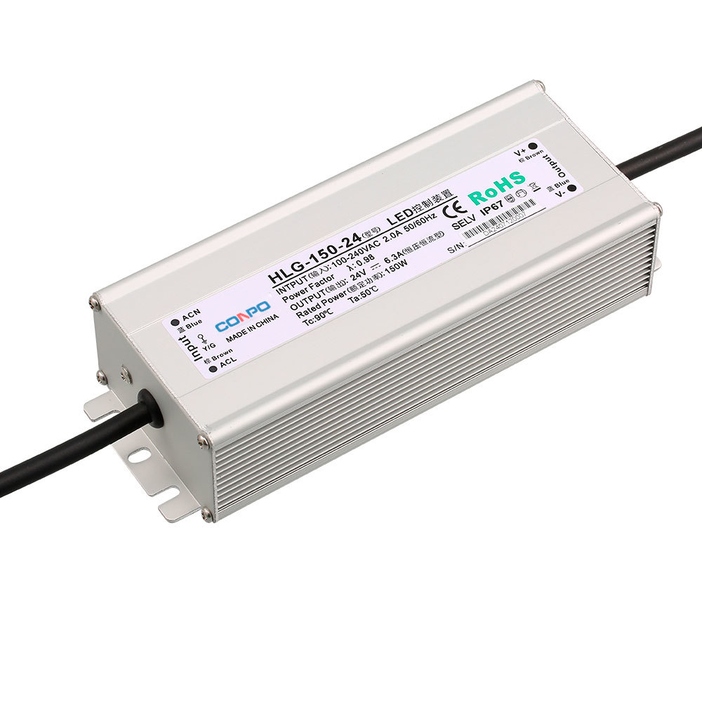 HLG-150-12 (150W-12V/12.5A);  HLG-150-24 (150W-24V/6.3A);  HLG-150-36 (150W-36V/4.2A); HLG-150-48 (150W-48V/3.2A) Waterproof Power Supply with PFC function