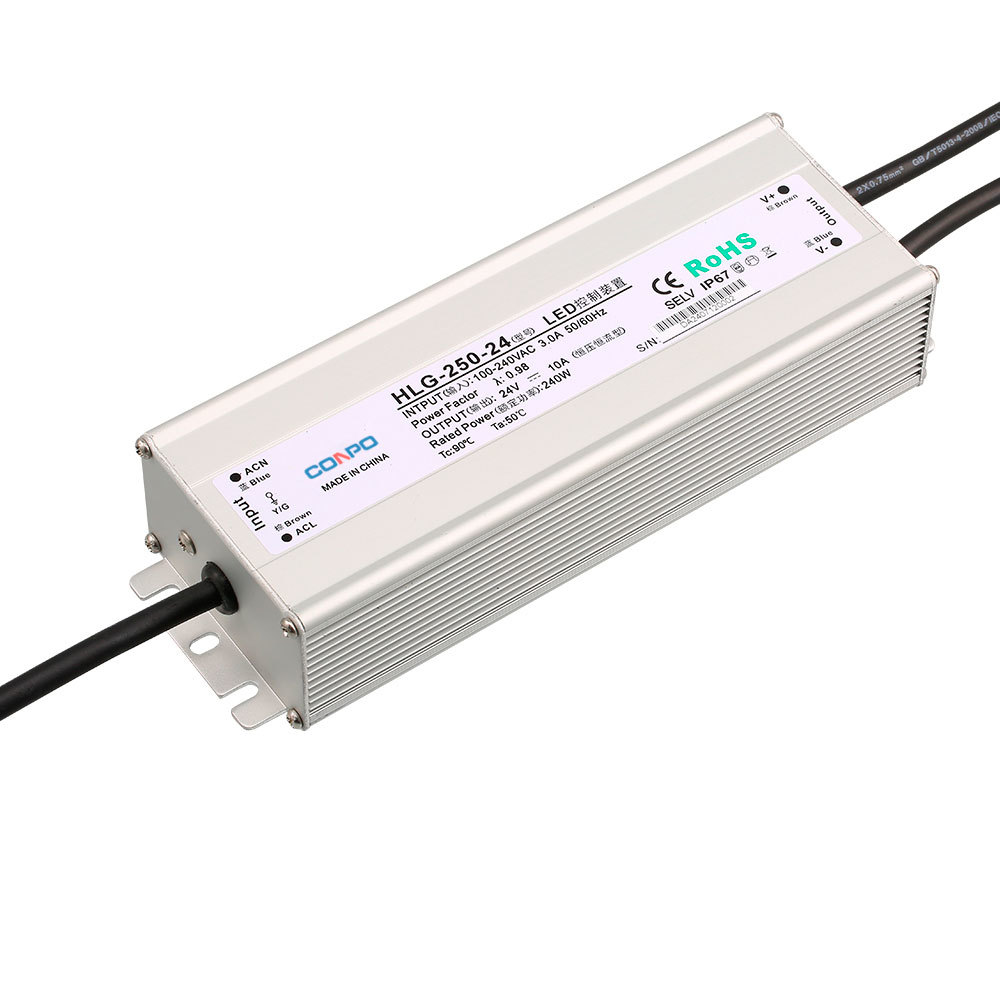 HLG-250-12 (250W-12V/20A);  HLG-250-24 (250W-24V/10A);  HLG-250-36 (250W-36V/6.9A); HLG-250-48 (250W-48V/5A) Waterproof Power Supply with PFC function
