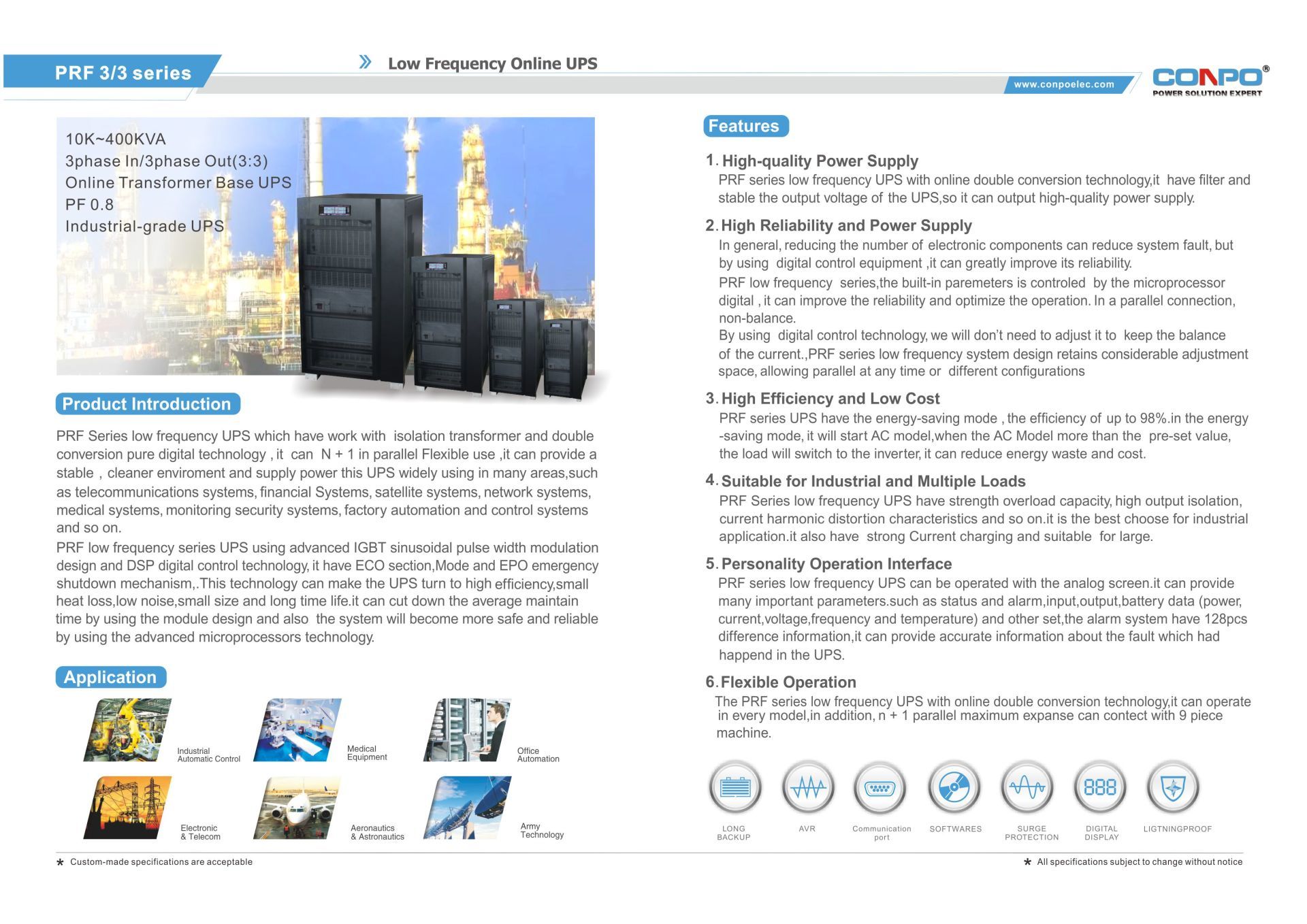PRF Online LF UPS 10k/15k/20kVA, 30k/40k/60k, 80k/100k/120k/160kVA, 200k/250k/300kVA, 300k/400kVA