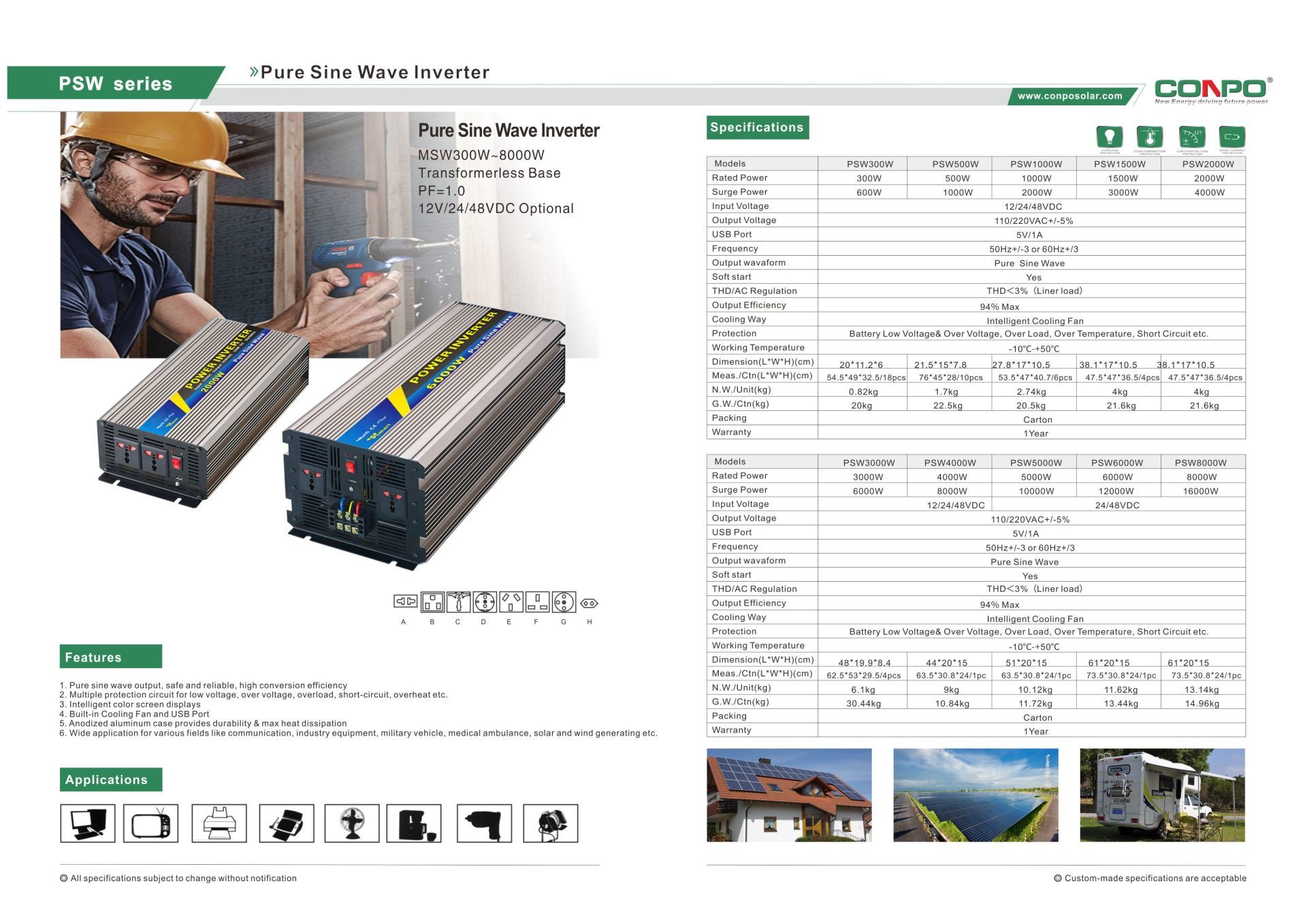 DC to AC Pure Sine Wave Inverter 300W/500W/1000W/1500W/2000W/3000W/4000W/5000W/6000W/8000W 