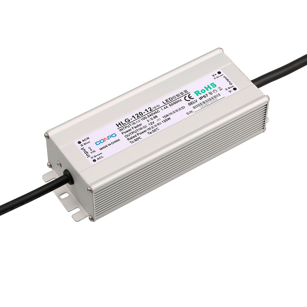 HLG-120-12 (120W-12V/10A);  HLG-120-24 (120W-24V/5A);  HLG-120-36 (120W-12V/3.3A); HLG-120-48 (120W-48V/2.5A) Waterproof Power Supply with PFC function