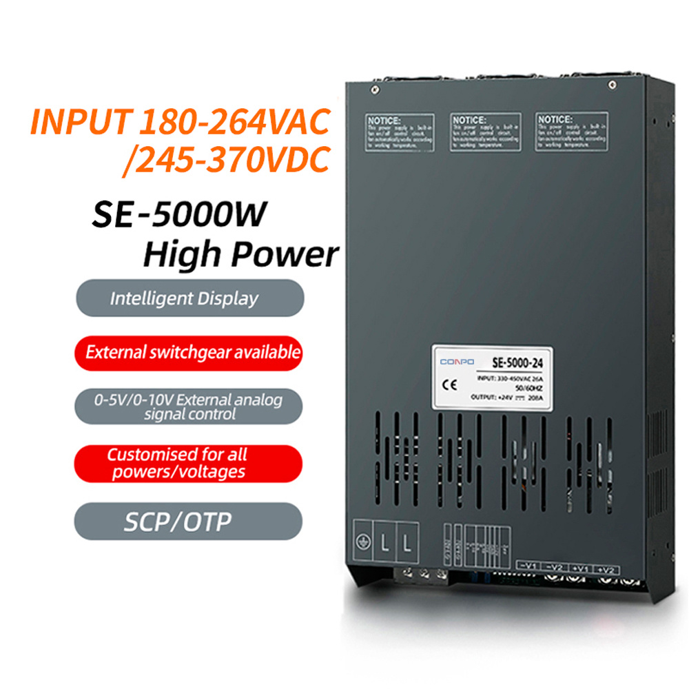 SE-5000-12 (5000W-12V/333A); SE-5000-24 (5000W-24V/208A); SE-5000-36 (5000W-36V/138.8A); SE-5000-48 (5000W-48V/104A); SE-5000-72 (5000W-72V/69A) Single Output Adjustable Power Supply