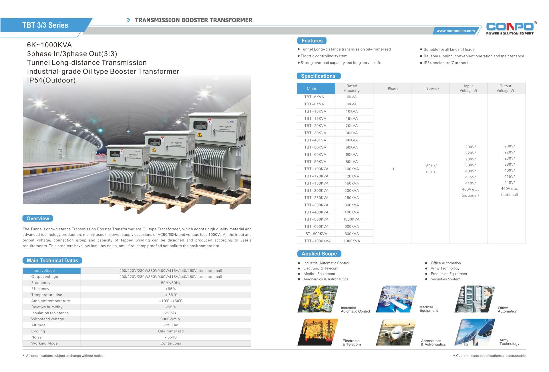 Long-distance Power Improvement Scheme for Tunnel Projects, Outdoor IP54, Tunnel Long-distance Transmission, Oil type Booster Transformer Three- Phase  6k~1000kVA