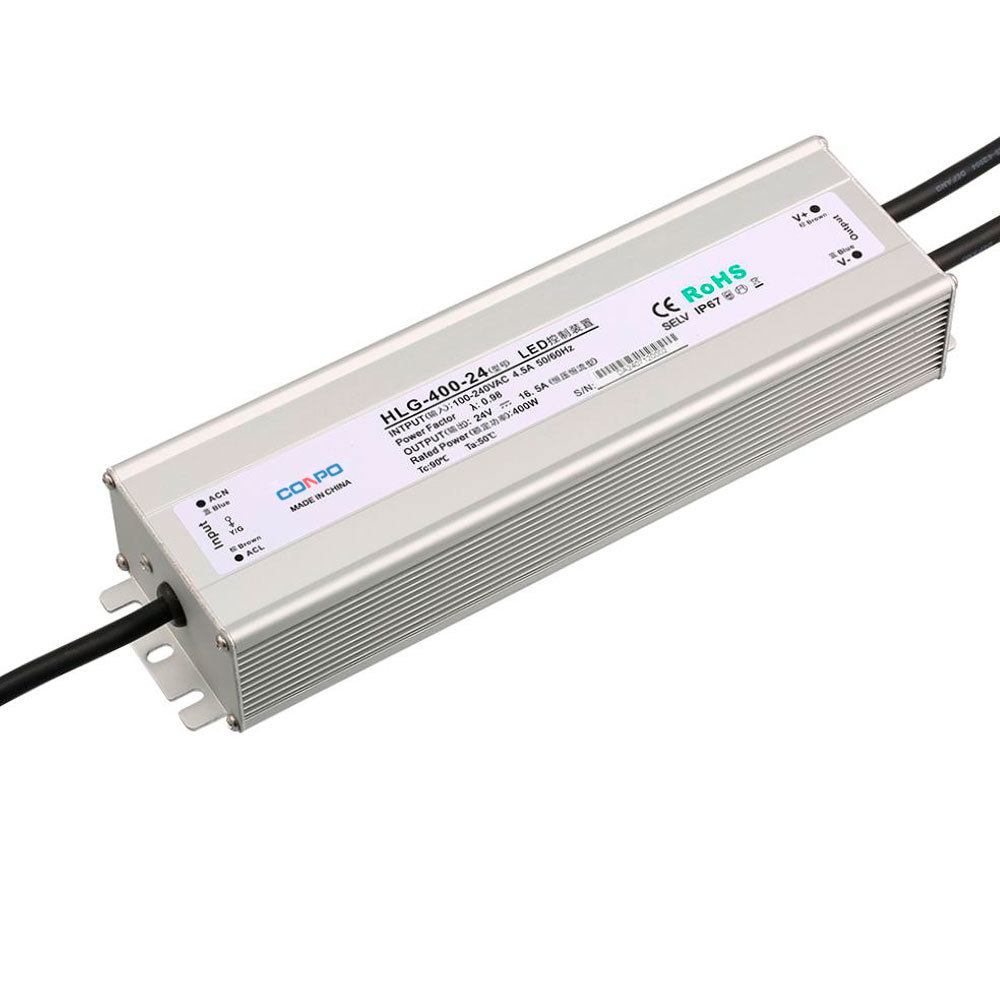HLG-400-12 (400W-12V/33A); HLG-400-24 (400W-24V/16.5A);  HLG-400-36 (400W-36V/11A); HLG-400-48 (400W-48V/8.3A) Waterproof Power Supply with PFC function