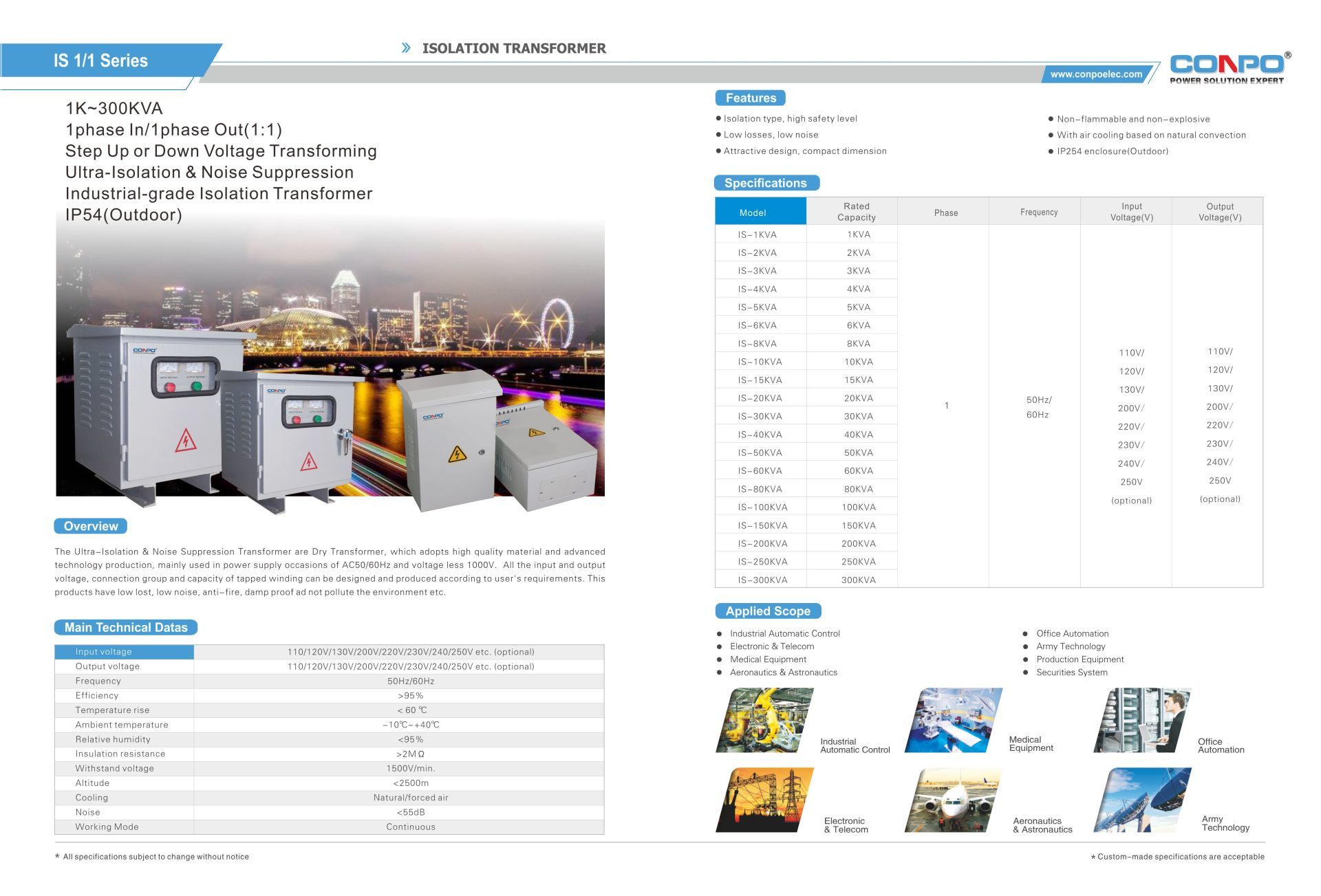 Outdoor IP54, Ultra-Isolation & Noise Suppression, Step up/down,  Isolation Transformer Single Phase  1k~300kVA