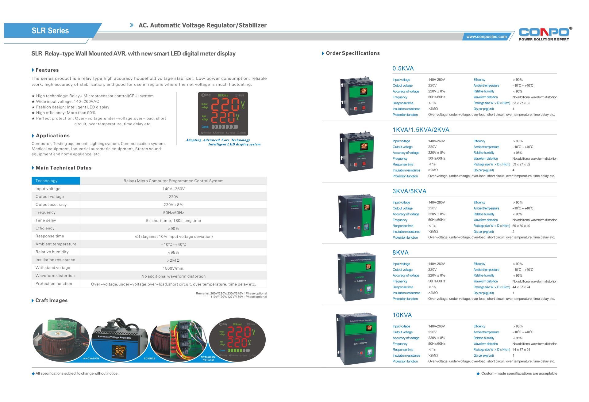 Wall-mounted AVR, Relay + Microprocessor control  SLR-0.5K/1K/1.5K/2K/3K/5K/8K/10KVA