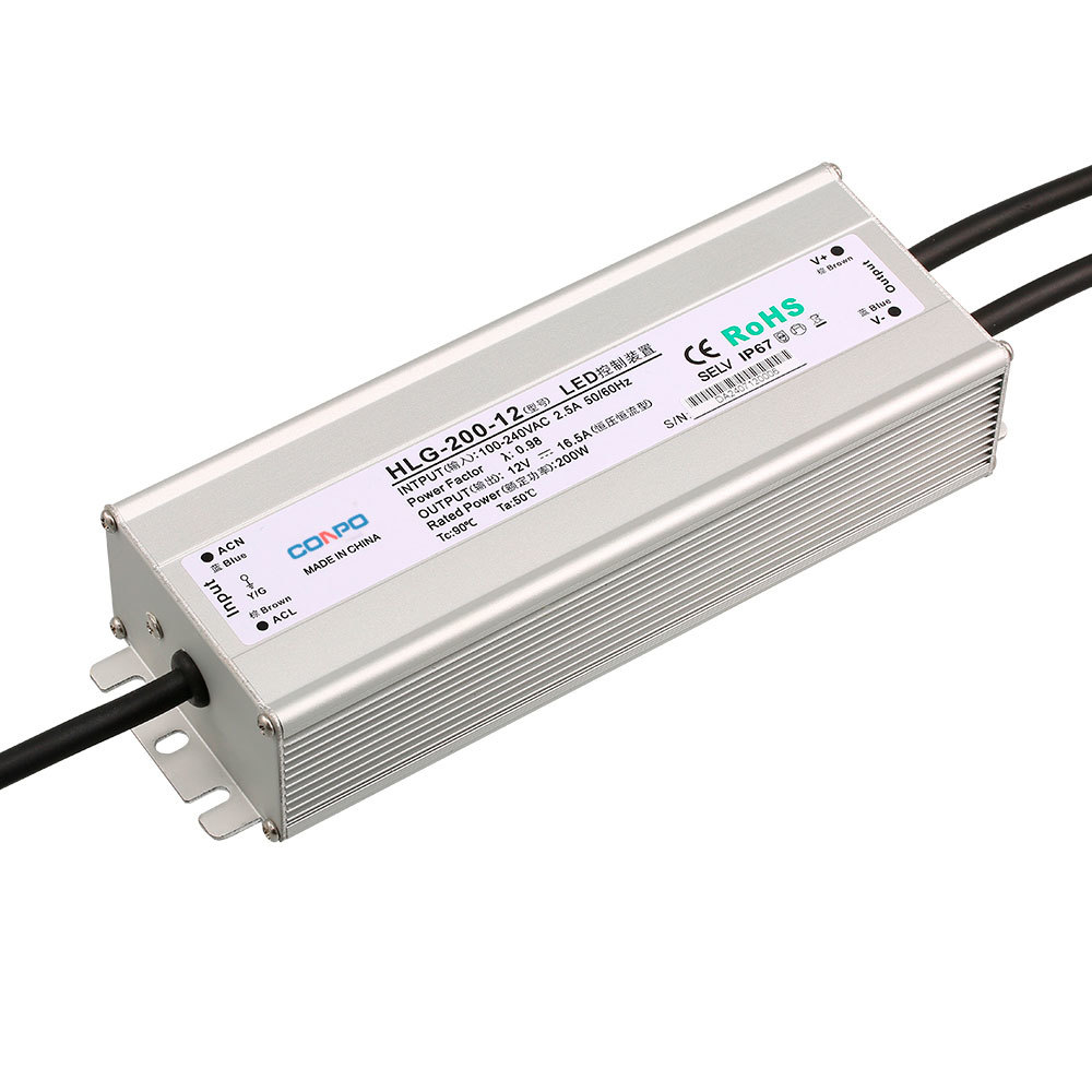HLG-200-12 (200W-12V/16.5A);  HLG-200-24 (200W-24V/8.3A);  HLG-200-36 (200W-36V/5.6A); HLG-200-48 (200W-48V/4.2A) Waterproof Power Supply with PFC function