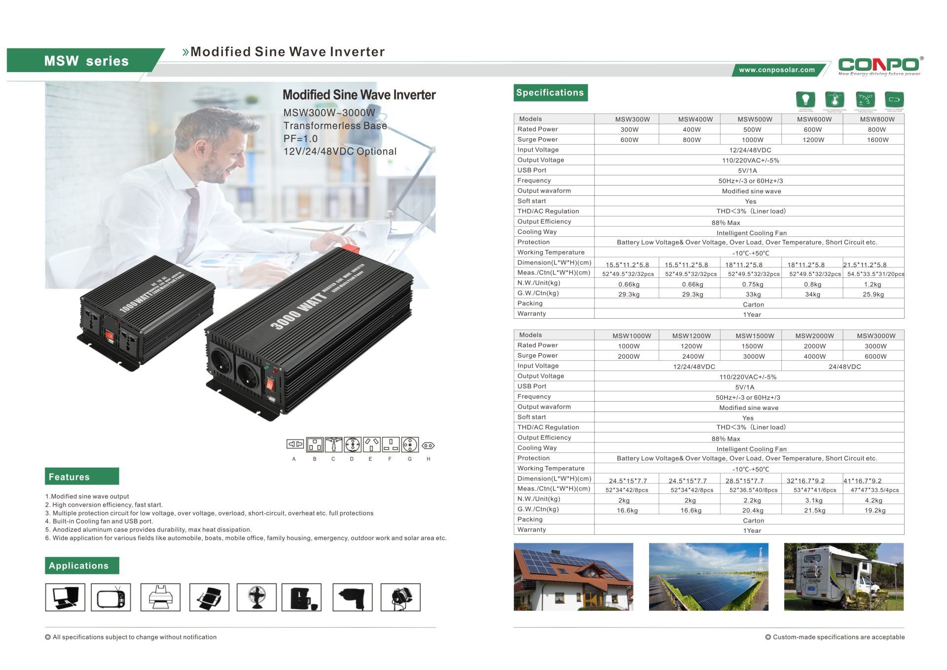 DC to AC Modified Sine Wave Inverter 300W/400W/500W/600W/800W/1000W/1200W/1500W/2000W/3000W 