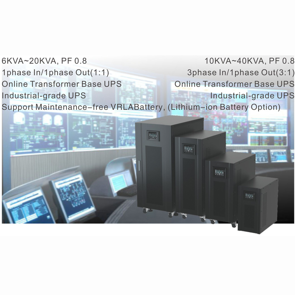 PEP series 10k/15k/20k/30k/40kVA 3/1: 380/400/415VAC input, 220V/230V/240V output, Online Low Frequency UPS(Transformer base), Support Maintenance-free VRLA Battery or Lithium-ion Battery