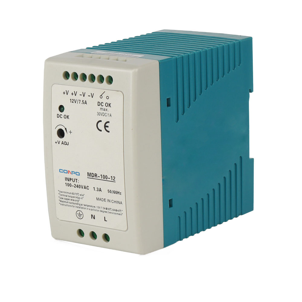 MDR-100-12 (100W-12V/7.5A); MDR-100-15 (100W-15V/6.6A); MDR-100-24 (100W-24V/4.16A);  MDR-100-27 (100W-27V/3.7A);  MDR-100-36 (100W-36V/2.7A); MDR-100-48 (100W-48V/2A)  DIN-rail Power Supply