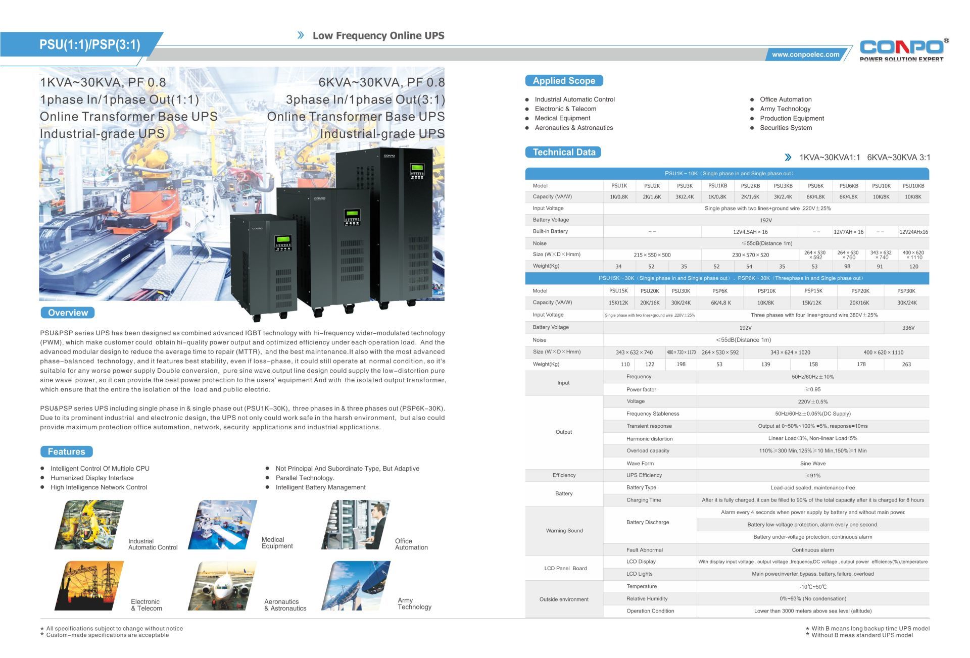 PSU(1/1) Online LF UPS 1k/2k/3k/6k/10k/15k/20k/30kVA, , PSP(3/1) : 10k/15k/20k/30kVA