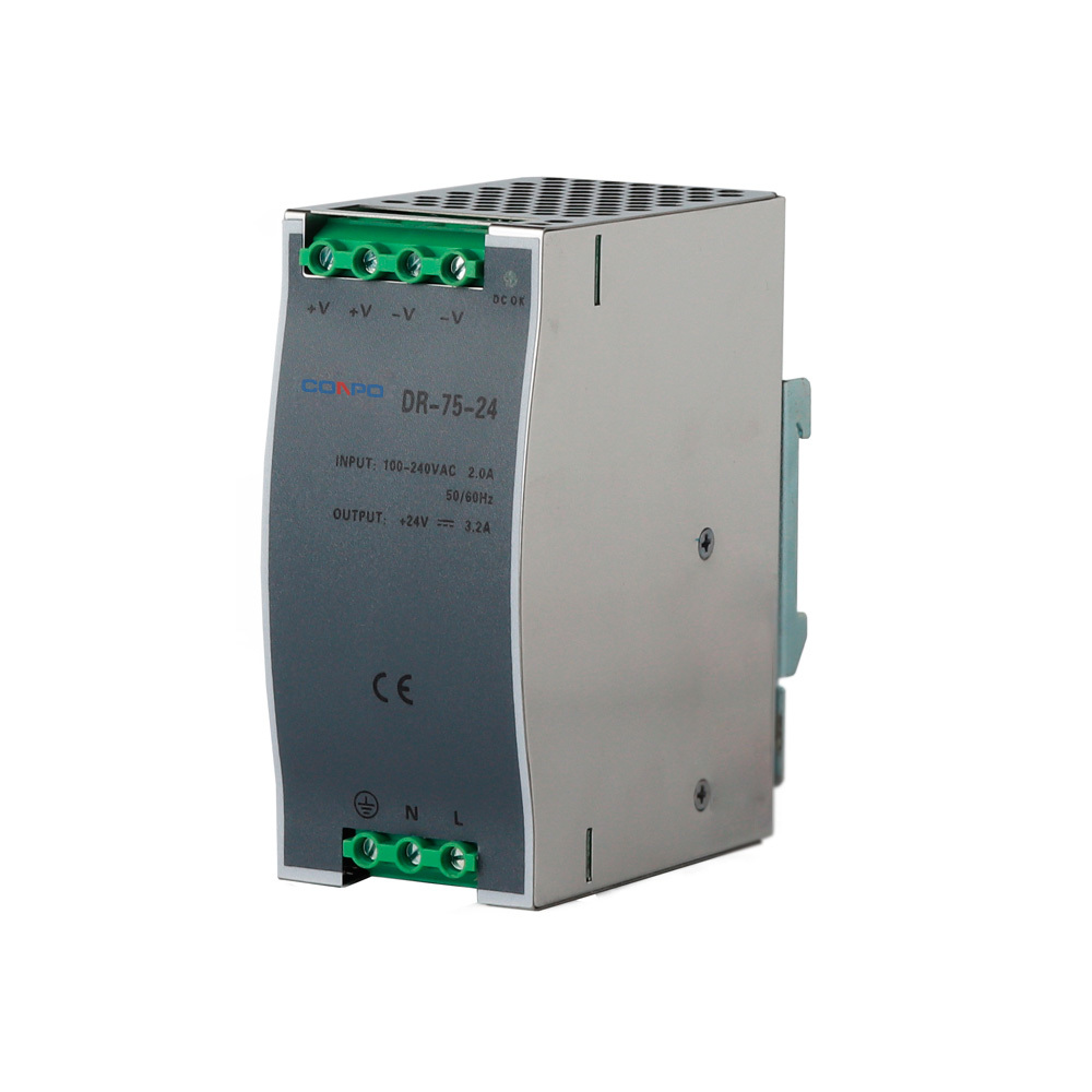 DR-75-12 (75W-12V/6.3A);  DR-75-15 (75W-15V/5A);  DR-75-24 (75W-24V/3.2A);  DR-75-48 (75W-48V/1.6A)   DIN-rail Power Supply