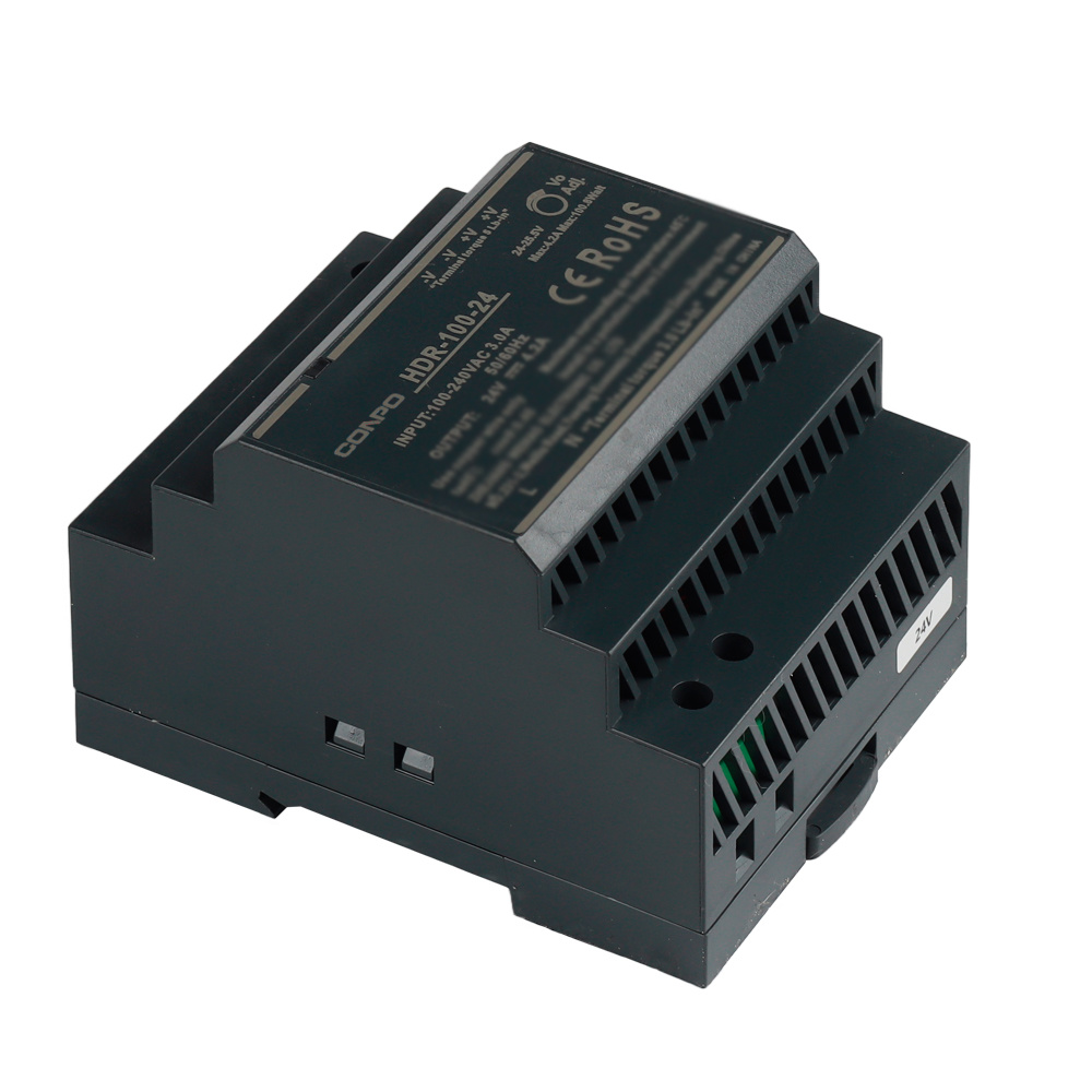HDR-100-12 (100W-12V/7.5A); HDR-100-15 (100W-15V/6.6A);  HDR-100-24 (100W-24V/4.16A); HDR-100-48 (100W-48V/2A)  DIN-rail Power Supply
