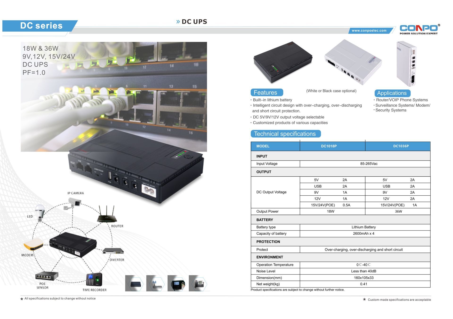 DC UPS 18W, 36W-9V, 12V, 15V/24VDC