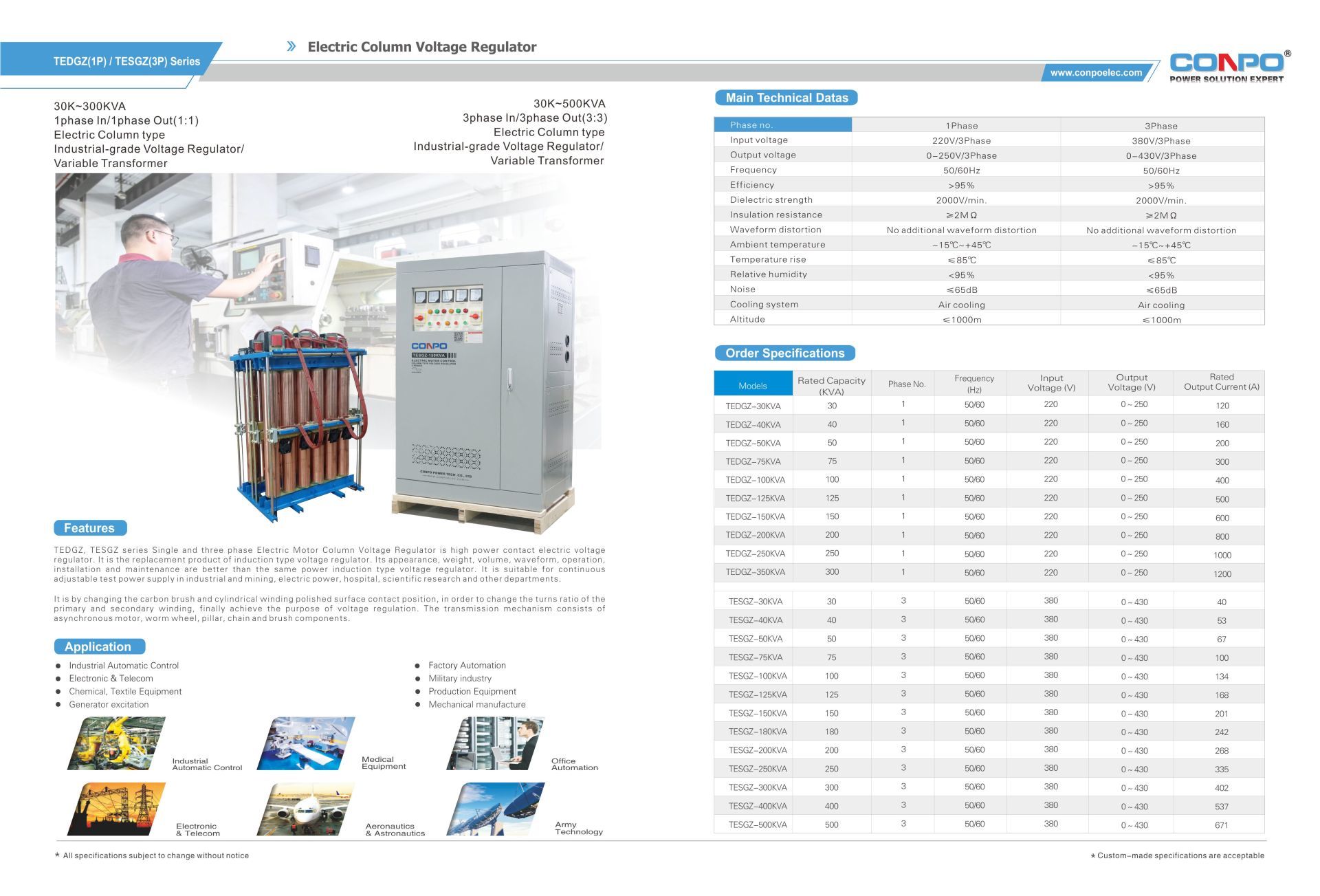 Industrial-grade, Electric Motor Column type Variac Transformer TEDGZ(1Phase) 30k~350KVA, TESGZ(3Phase) 30k~500kVA