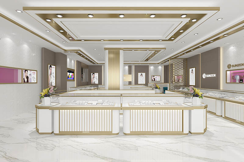 Modern Luxury Jewelry Store Interior Design With Gold Framed Display Cabinets