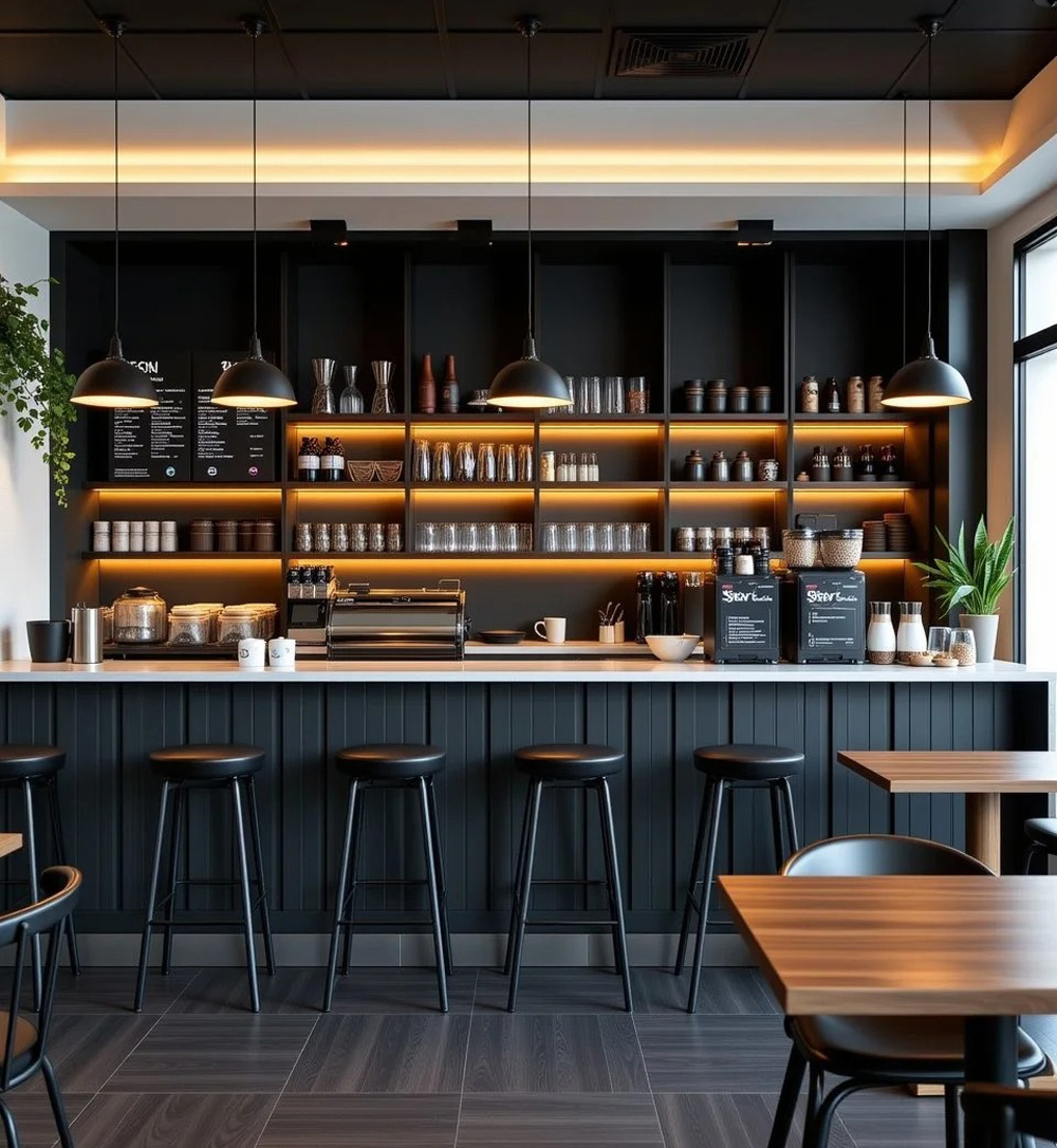 Modern Coffee Shop Interior Design & Custom Fixtures Manufacturers