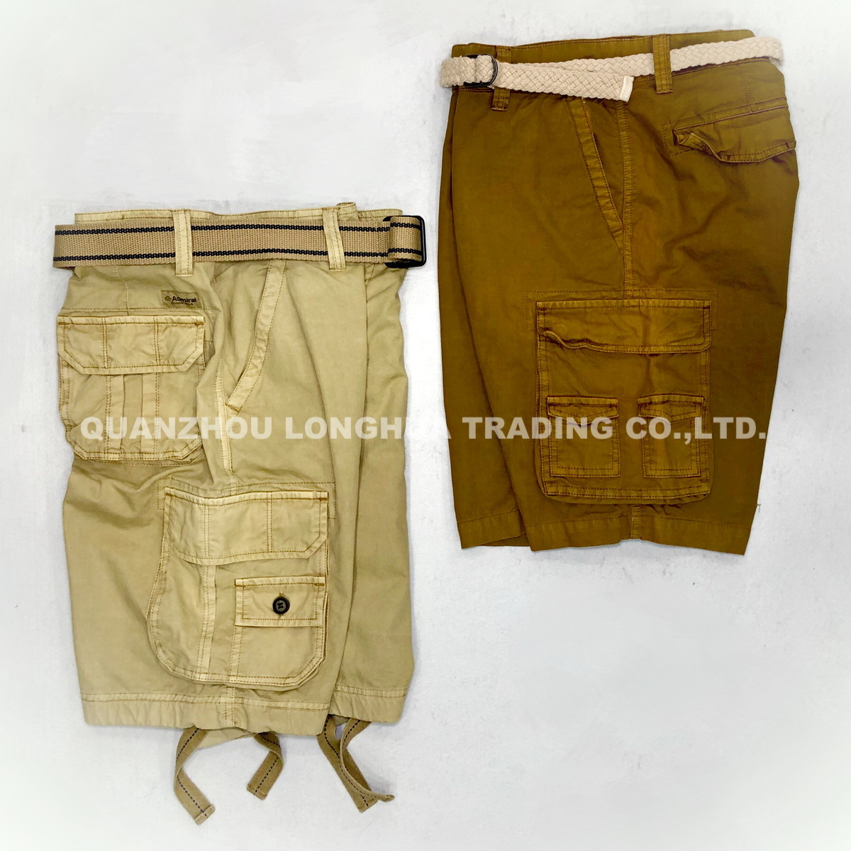 Men and Boys Cargo Shorts Pants Casual Apparel Trousers Fashion Khaki Cotton Garment Dye with Belt
