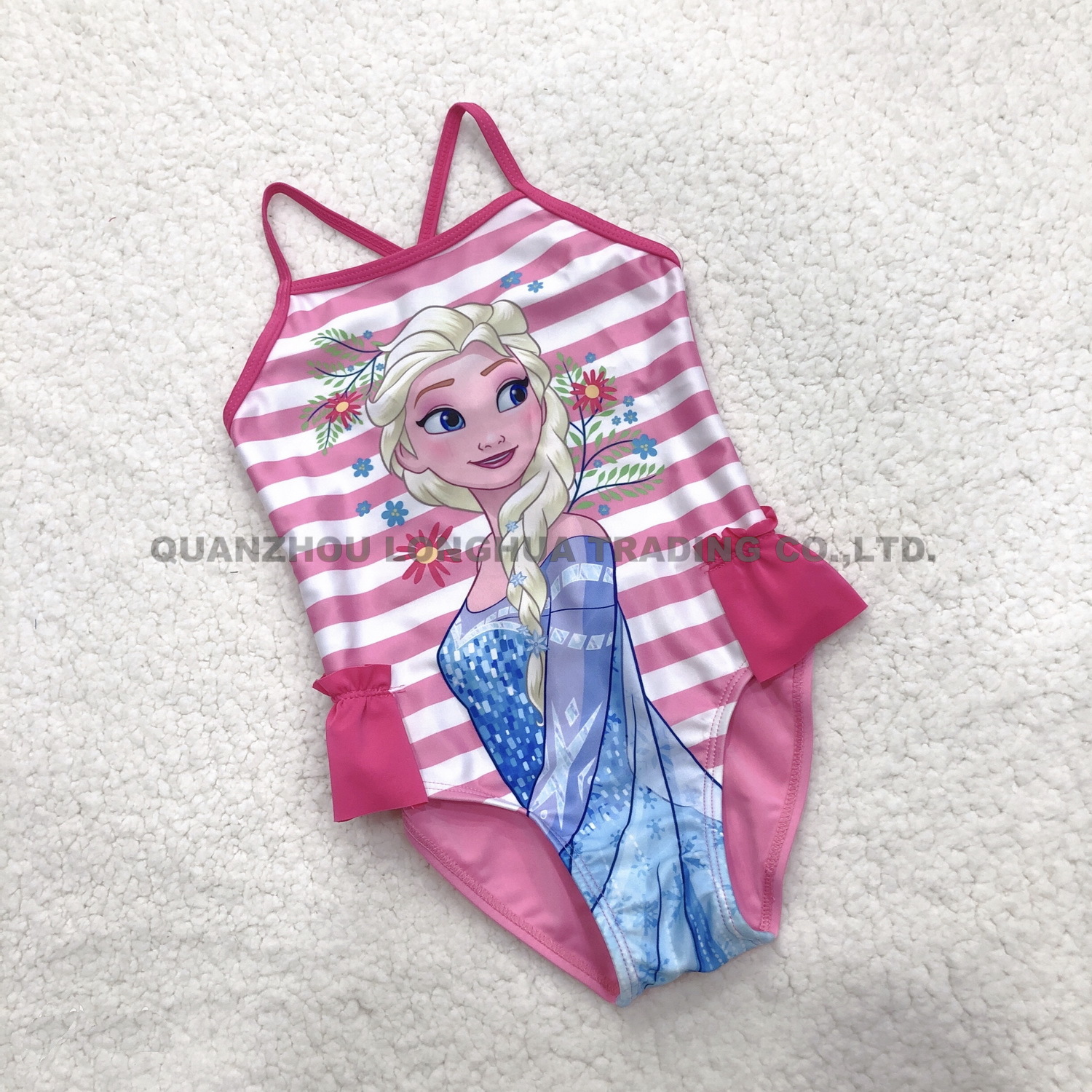 Kids Girls One Piece Swimwear Ruffle Trims Cross-Back Swimsuit Printing Bodysuit