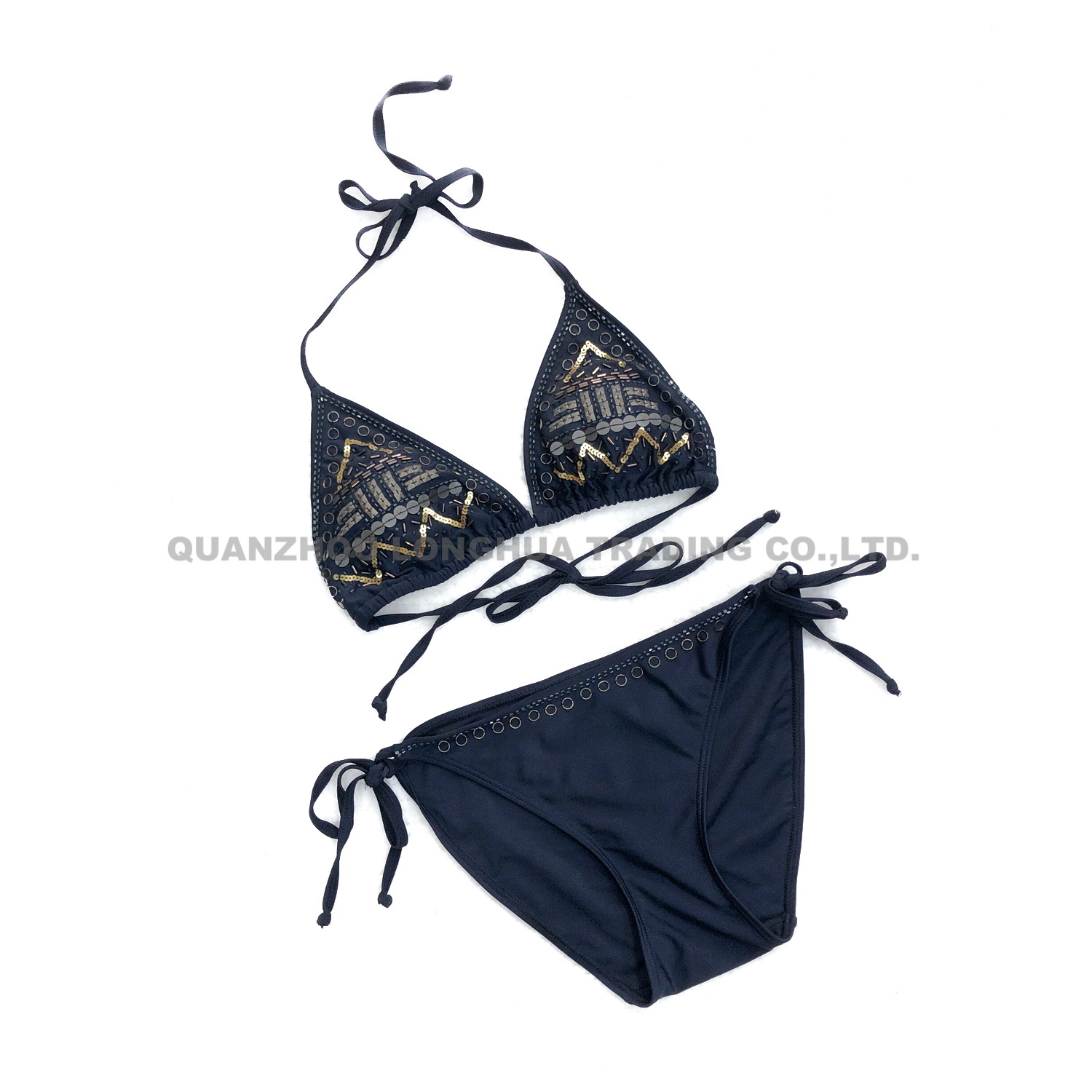 Women Girls Two Piece Bikini Set Triangle Tops Swimwear Beaded Bra Padding Strappy Swimsuit