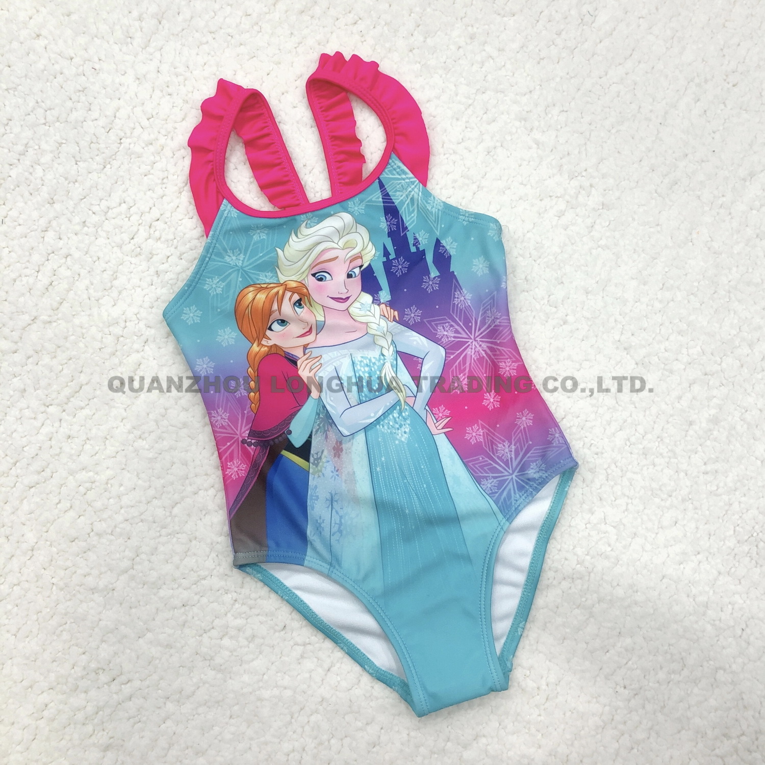 Kids Girls One Piece Swimwear Ruffle Trims Printing Swimsuit UV Bodysuit Polyester