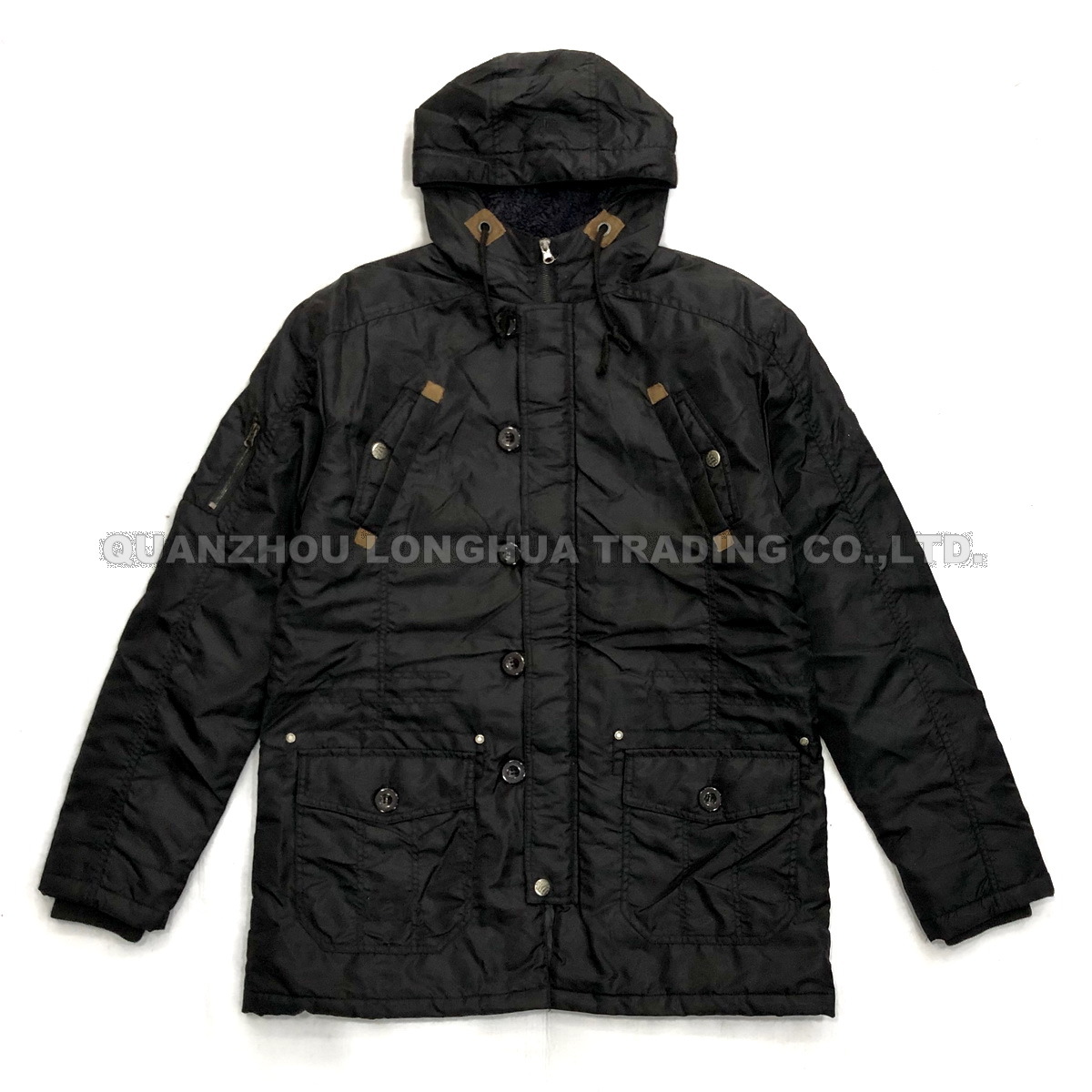 Men Jacket Boy Apparel Polyester Quilted Hoody Jacket Fashion Clothes Winter Coat Outdoor Clothing with Zipper Buttons