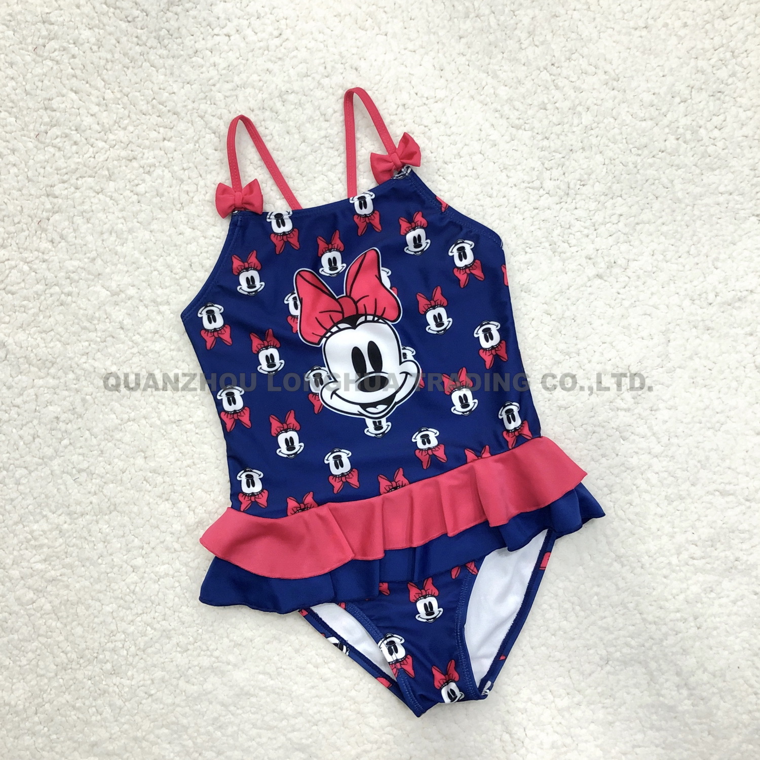 Kids Girls One Piece Swimwear Ruffle Trims Printing Swimsuit with Bows