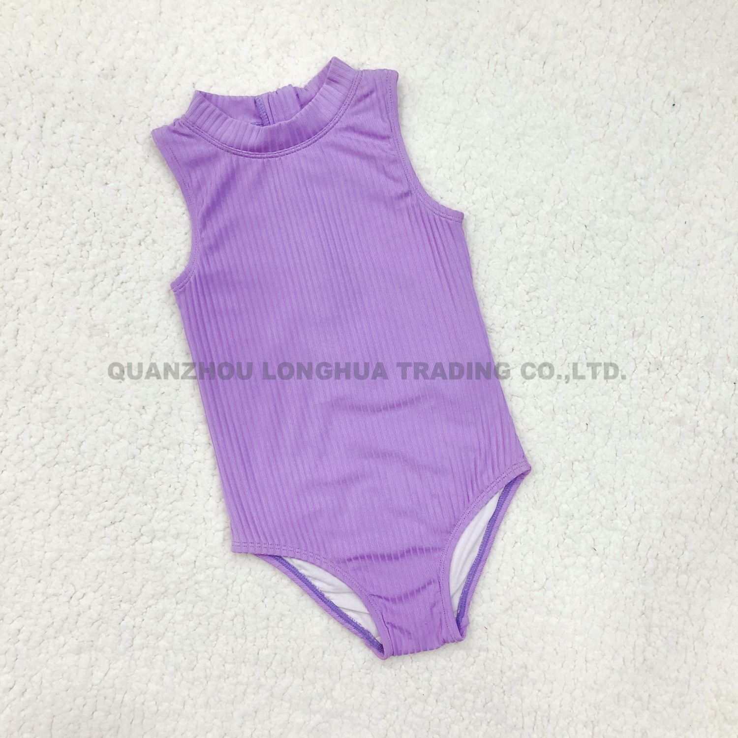 Kids Girls Rib Swimwear Round Neck Swimsuit Zipper Bodysuit Nylon Spandex Purple