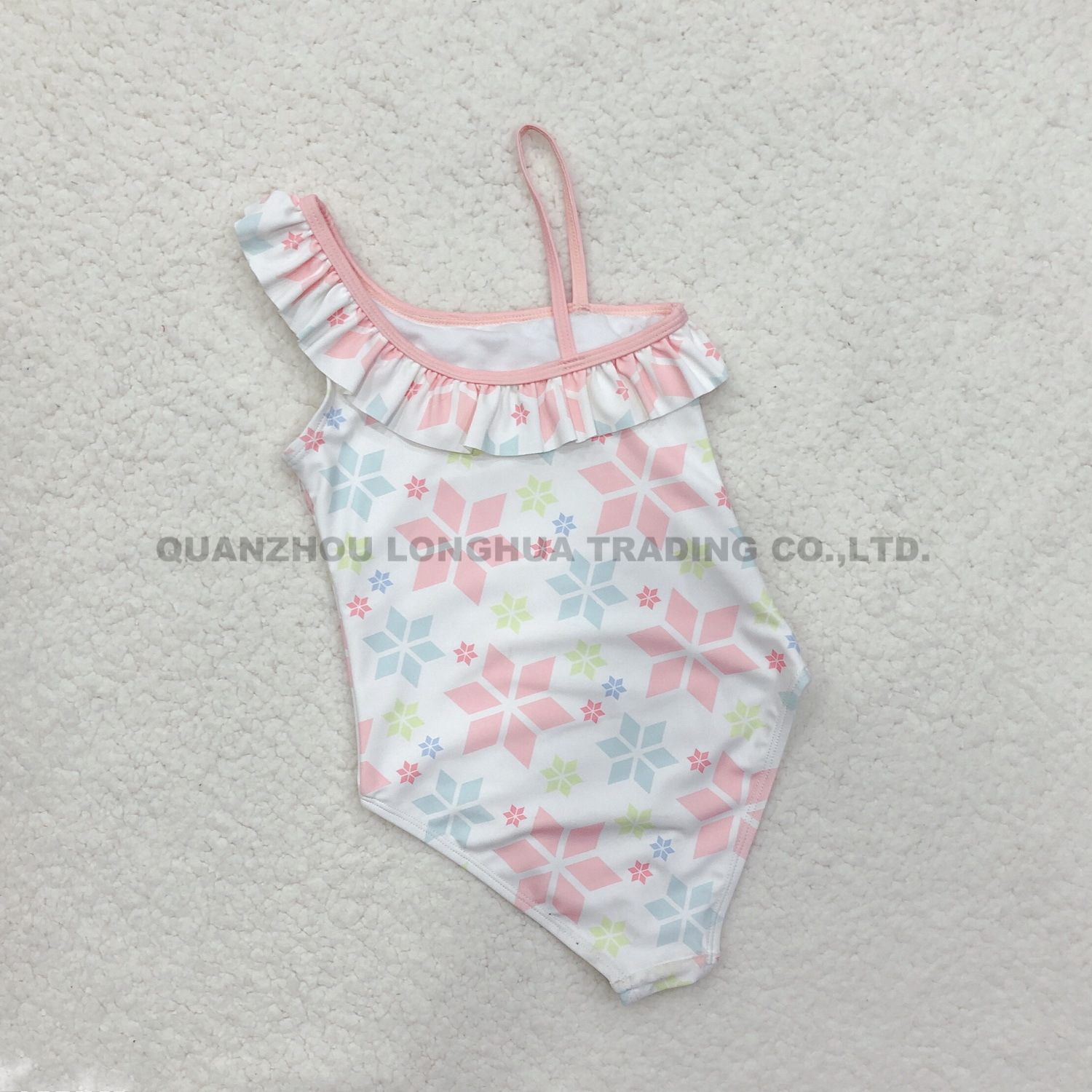 Kids Girls One Piece Swimwear Ruffle off Shoulder Bodysuit Printing Swimsuit Nylon