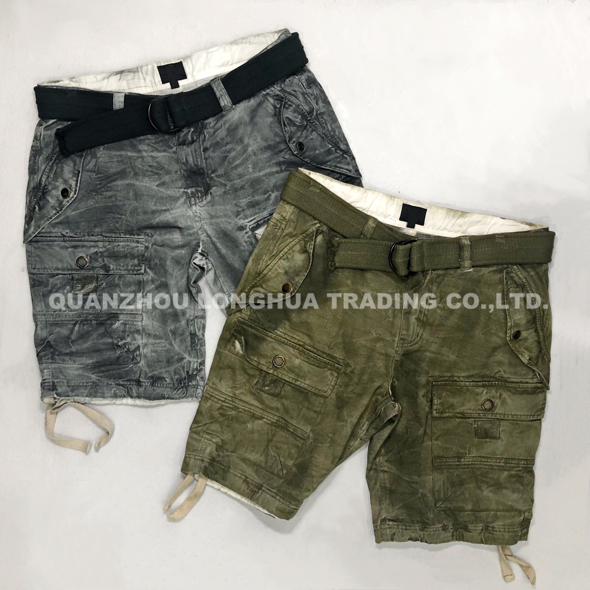 Mens and Boys Cargo Shorts Pants Apparel Casual Trousers Fashion Gray Olive Cotton Garment Spray with Belt 